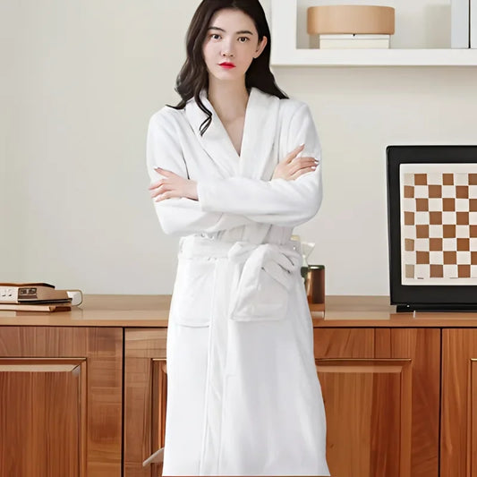 Thickened Flannel Robe Bathrobe Homewear Cardigan Sweater Women Autumn Winter White Lapel Coral Velvet Medium Length Bathwear-belleandkai.com