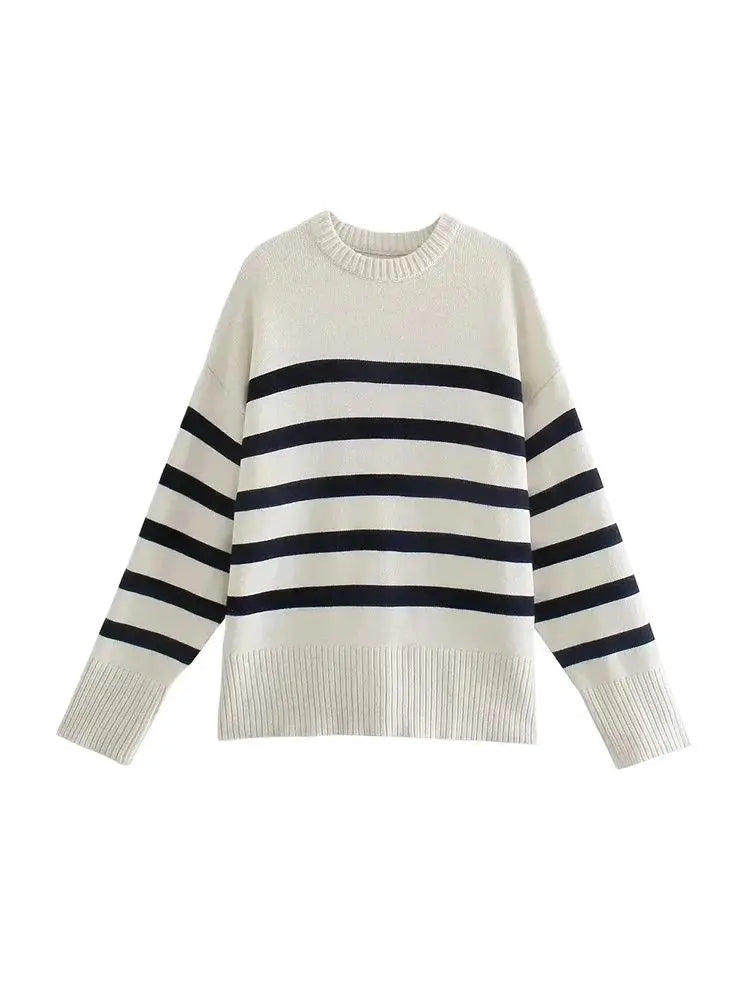 TRZA Fashion Oversized Striped Pullovers Women Knitted Basic Autumn Winter Loose-Fitting Thick Jumpers Sweaters Female Clothing-belleandkai.com