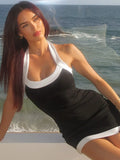 Mozision Halter Backless Sexy Mini Dress Women Patchwork Contrasting Colors Off-shoulder Sleeveless Lace-up Club Party Dresses-belleandkai.com