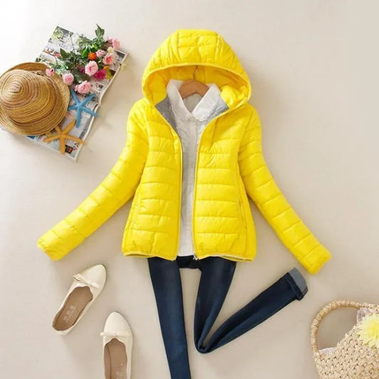 Quilted Padded Yellow Hoodie Short Feather Jackets for Women Lightweight Puffer Thick Padding Cropped Woman Coat Black Cold Hot-belleandkai.com