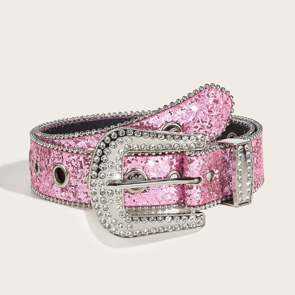 Stylish Rhinestone Western Cowgirl Style Y2K Belt Sparking Pu Leather BB Belts Jeans Dress Accessories For Women-belleandkai.com