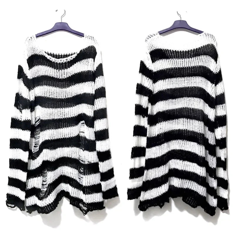 New Autumn Punk Gothic Long Unisex Sweater Women Striped Cool Hollow Out Hole Broken Jumper Loose Rock Thin Dark Streetwear Top-belleandkai.com
