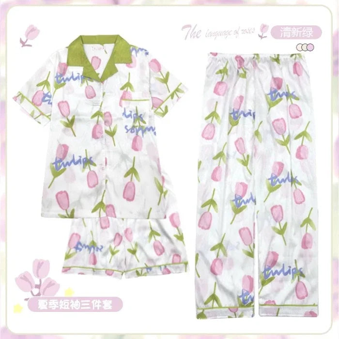 3 Pieces Set Night Wears for Women Summer New Short Sleeve Casual Striped Faux Silk Pijamas Set for Women Luxury Pyjamas Set-belleandkai.com