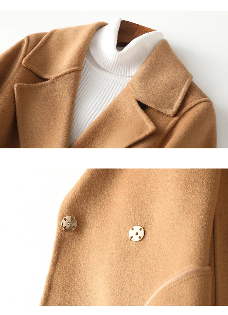 2025 Autumn 100% Wool Coats With Belt Fashion Open Stitch Elegant Woolen Cashmere Coat Veste Femme Tops-belleandkai.com