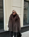 Luxury Faux Fur Women's Coat Turn down Collar Long Sleeve Button Pocket Soft Overcoat Thick Warm Winter Outerwear for Ladies-belleandkai.com