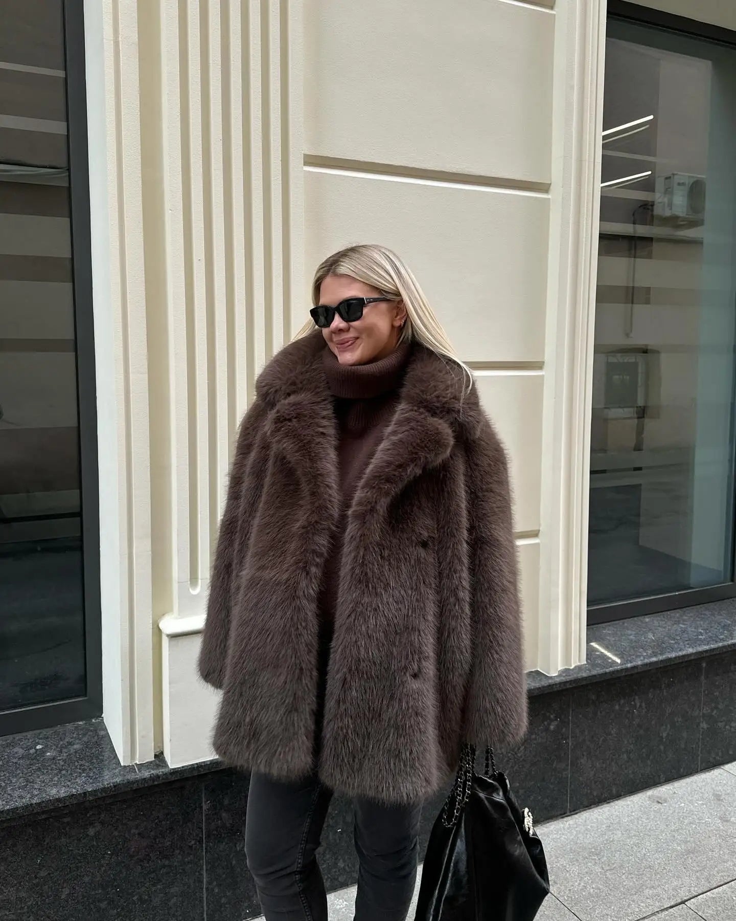 Luxury Faux Fur Women's Coat Turn down Collar Long Sleeve Button Pocket Soft Overcoat Thick Warm Winter Outerwear for Ladies-belleandkai.com