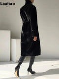 Lautaro Winter Long Black Luxury Elegant Stylish Thick Warm Fluffy Hairy Soft Faux Mink Fur Coat Women Stand Collar Sashes 2023-belleandkai.com