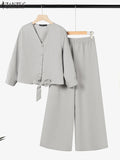 2025 ZANZEA Fashion Long Sleeve Blouse Pant Sets Spring Autumn Outfits 2PCS Women Work Matching Sets Casual Solid OL Tracksuits-belleandkai.com