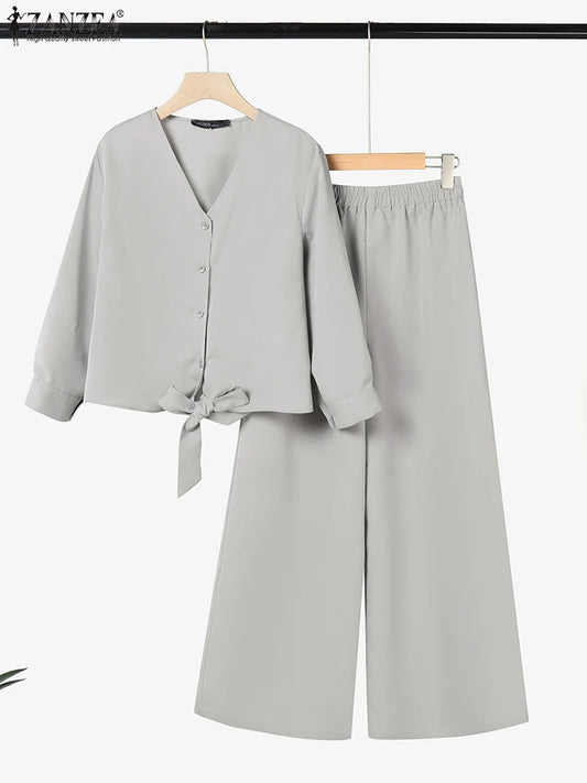 2025 ZANZEA Fashion Long Sleeve Blouse Pant Sets Spring Autumn Outfits 2PCS Women Work Matching Sets Casual Solid OL Tracksuits-belleandkai.com
