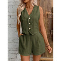 New Arrival Linen Summer Casual Commute Front Button Vest And Shorts Set V Neck Vest Autumn Clothing Women's Fashion Outfit-belleandkai.com