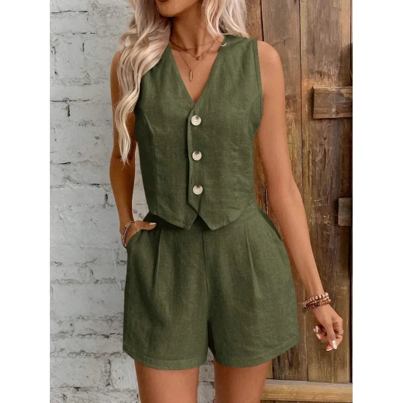 New Arrival Linen Summer Casual Commute Front Button Vest And Shorts Set V Neck Vest Autumn Clothing Women's Fashion Outfit-belleandkai.com