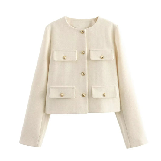 UNIZERA Winter New Product Women's Fashion and Casual Versatile Round Neck Flip Decoration Short Suit Coat-belleandkai.com