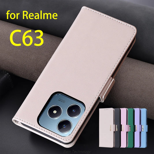 Magnetic buckle Leather Case for OPPO Realme C63 Wallet RFID BLOCKING Flip Cover Women Girls Simple Capa Fundas Coque-belleandkai.com