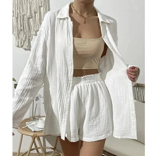 100% Cotton Gauze Muslin Sets For Women 2 Pieces Long Sleeve Shirts And Loose High Waist Mini Shorts Sets Ensemble Femme-belleandkai.com
