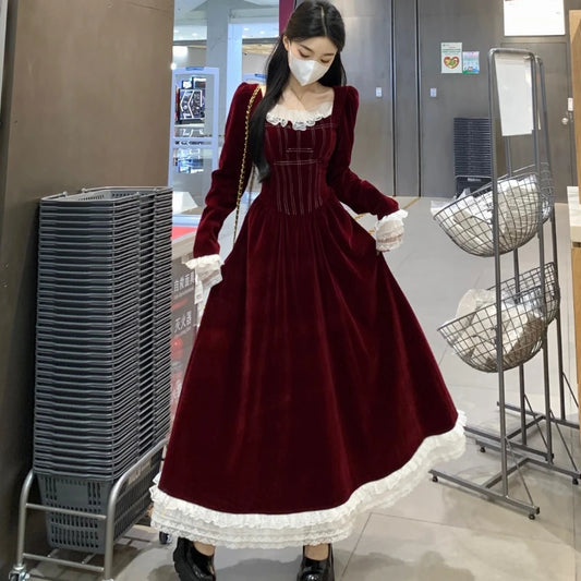 Vintage Christmas Sweet Velvet Dress Women Lace Patchwork Square Collar High Waist Solid Color Slim Birthday Dresses for Female-belleandkai.com