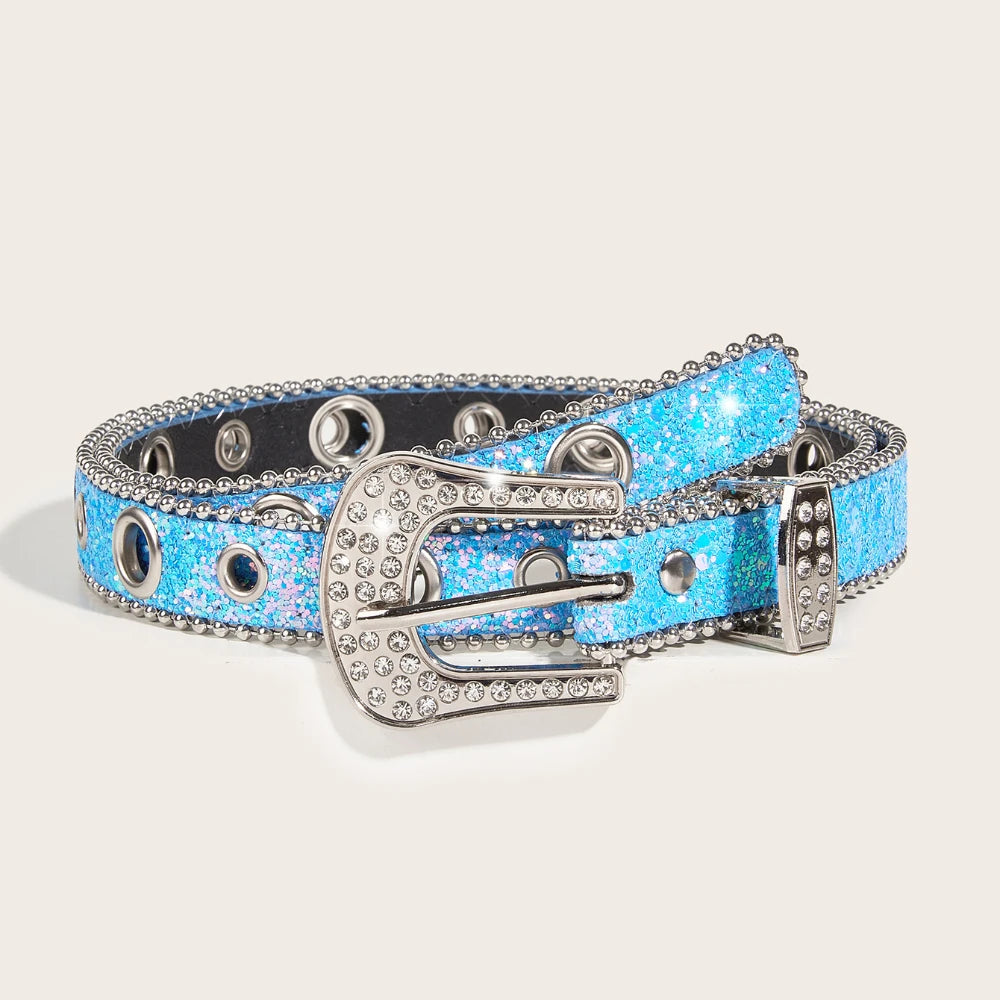 Stylish Rhinestone Western Cowgirl Style Y2K Belt Sparking Pu Leather BB Belts Jeans Dress Accessories For Women-belleandkai.com