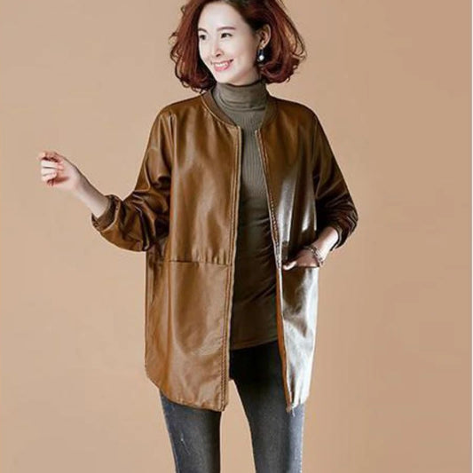 Fashion Plus Size Leather Jacket Women Zipper Windbreaker High-end Spring Autumn Coats Baseball Jersey Long Sleeve Trench Coat-belleandkai.com
