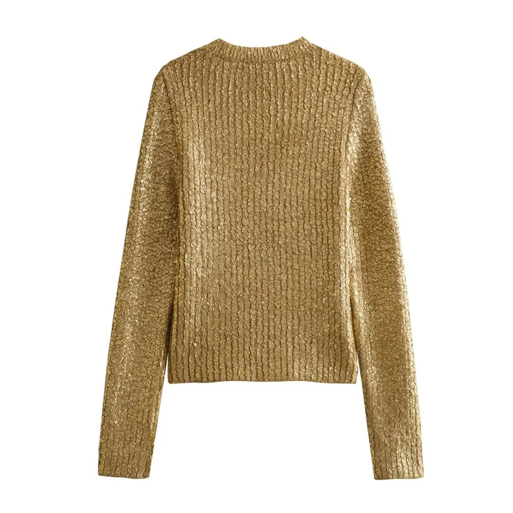 UNIZERA 2023 Autumn/Winter New Product Women's New Fashion Casual Versatile Casual Metal Fragmented Loose Round Neck Knit Top-belleandkai.com