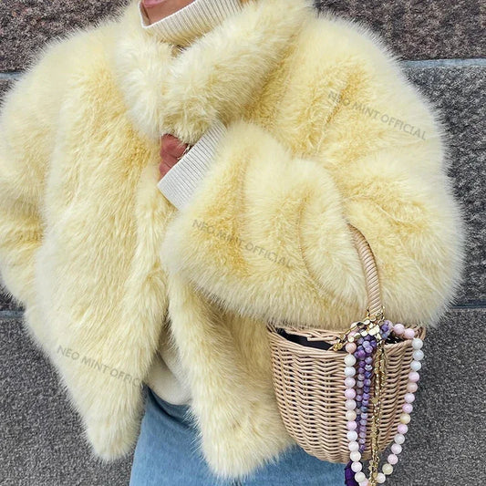 Neo Mint 2024 Winter Women Yellow Faux Fur Jacket Chic Girls Fashion Streetwear Thicken Warm Stand Collar Fox Fur Coat Outerwear-belleandkai.com