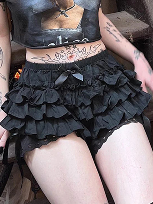 AltGoth Mall Goth Lolita Lace Shorts Women Aesthetic Cute Sweet Bow Patchwork Shorts Y2k E-girl Emo Alternative Kawaii Outfits-belleandkai.com