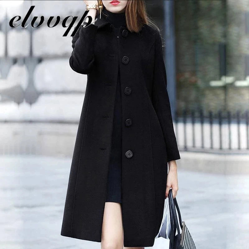 New Fashion British Solid Button Wool Coat Women Long Sleeve Jackets Woman Elegant Pocket Slim Outfit Mujer-belleandkai.com