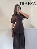 TRAFZA Women Elegant Half Sleeves O-Collar Pleated Dress Spring Woman Rear Zipper Splicing Vintage Casual Knitted Long Dress-belleandkai.com