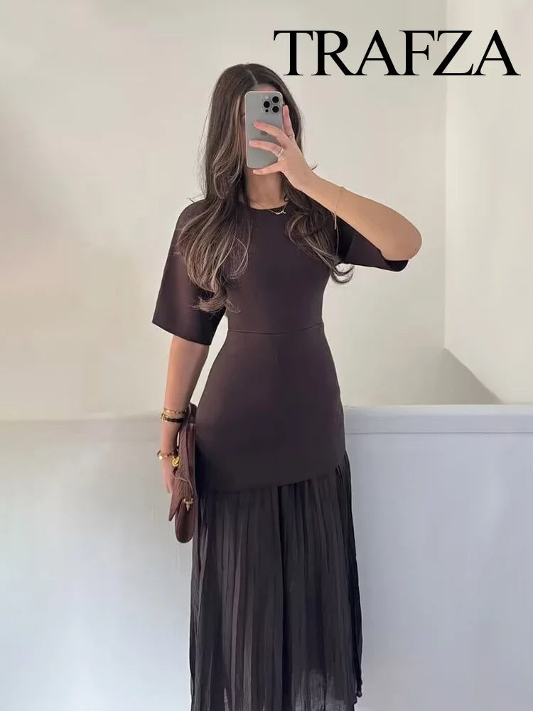TRAFZA Women Elegant Half Sleeves O-Collar Pleated Dress Spring Woman Rear Zipper Splicing Vintage Casual Knitted Long Dress-belleandkai.com