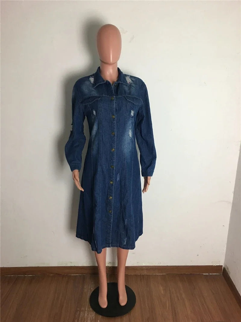 New Arrival Fashion Hole Cotton Autnmn Winter Long Denim Jacket 2023 Trench Coat Cardigan Jeans Cape Women Long Sleeve Jean Coat-belleandkai.com