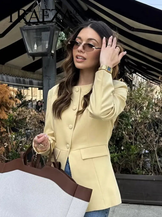 TRAFZA Female Autumn Fashion Yellow Blazer Long Sleeves Solid O Neck Single Breasted Casual Office Lady Outerwear Elegant Coats-belleandkai.com