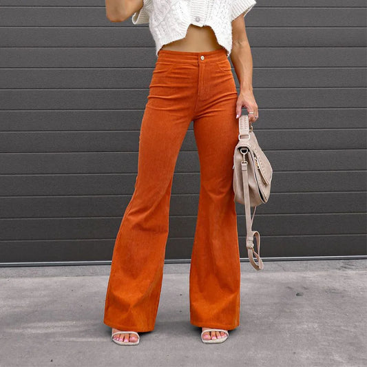 Street Fashion Pantalon Europe American Spring Autumn Women's Solid Mid Waist Slim Micro Bell Bottoms Corduroy Casual Sweatpant-belleandkai.com