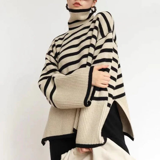 Women's Striped Turtleneck Sweater2023New Autumn and Winter Loose Design Niche Knitwear Pullover Coat-belleandkai.com