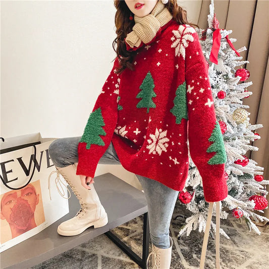 2024 Autumn/Winter New Korean Thickened Color blocked Christmas Sweater Women Hoodie Snowflake Loose Round Neck Lazy Style Tops-belleandkai.com