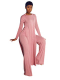 CM.YAYA Solid Classic Women's Set Long Sleeve High Slit X-long Tee Top Straight Pant Suit Tracksuit Fitness Two 2 Piece Outfits-belleandkai.com