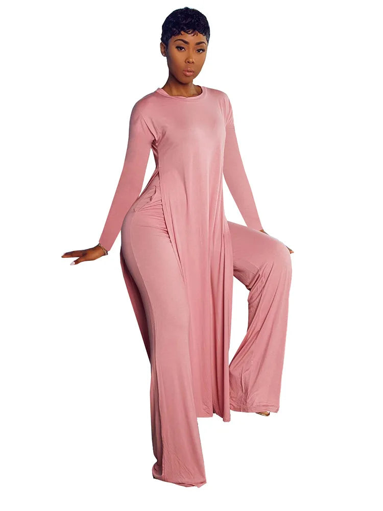 CM.YAYA Solid Classic Women's Set Long Sleeve High Slit X-long Tee Top Straight Pant Suit Tracksuit Fitness Two 2 Piece Outfits-belleandkai.com