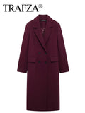 TRAFZA Women Fashion Burgundy Woolen Coat Double Breasted Long Sleeve Lapel Blends Jacket Autumn Winter High Street Outerwear-belleandkai.com