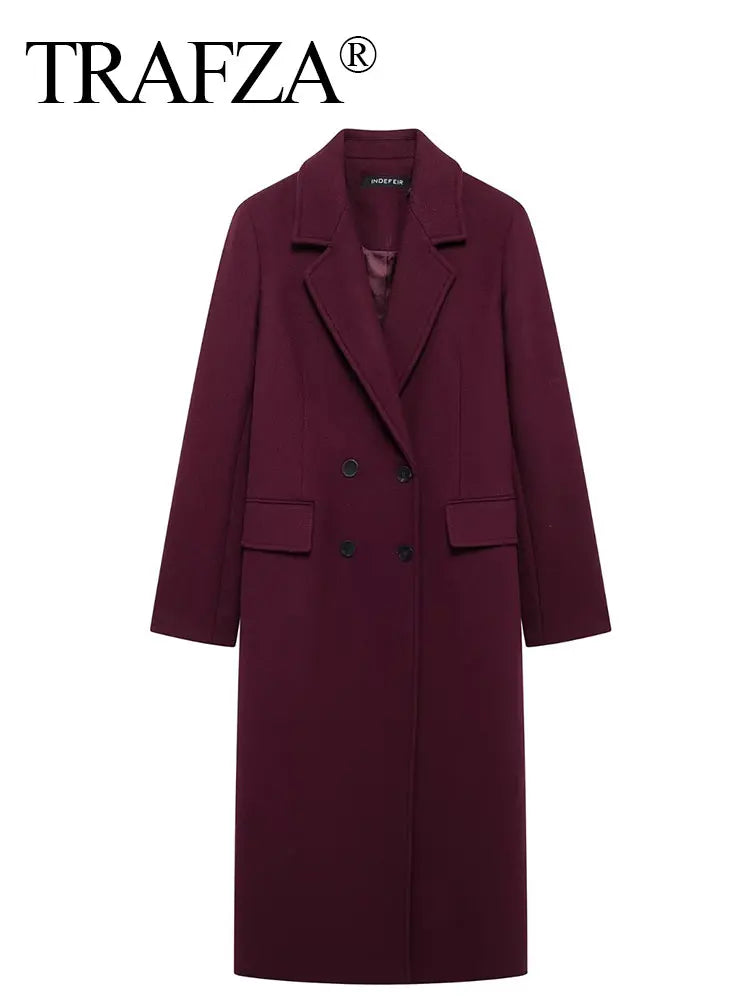 TRAFZA Women Fashion Burgundy Woolen Coat Double Breasted Long Sleeve Lapel Blends Jacket Autumn Winter High Street Outerwear-belleandkai.com
