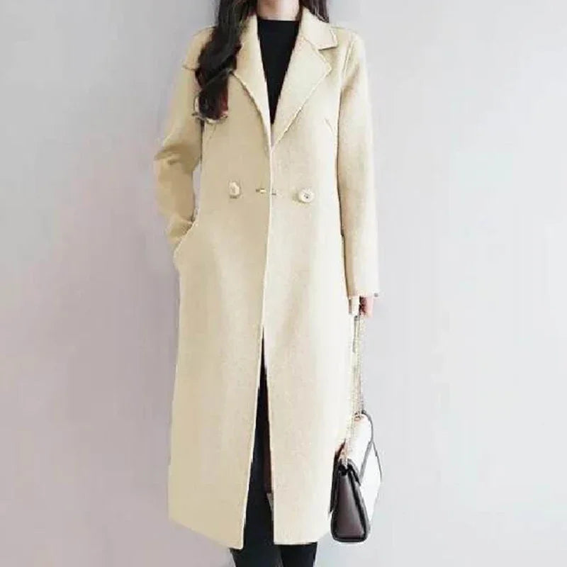 2024 Autumn Winter Women Vintage Coffee Blue Mid-Long Coat Jackets Female Concise Korean Style Loose Outside Thermal Woolen Coat-belleandkai.com
