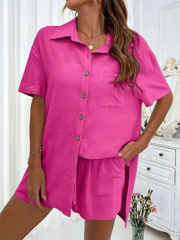 2024 Summer Fashion Sports Casual Cotton Linen Two Piece Set for Women's Single Breasted Shirt Elastic Waist Short Two Piece Set-belleandkai.com