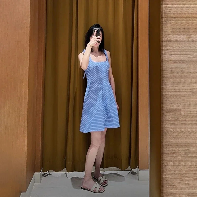 Women 2025 Summer Fashion Three-dimensional Cut Striped Straps Decorative Square Collar Sleeveless Short Dress-belleandkai.com