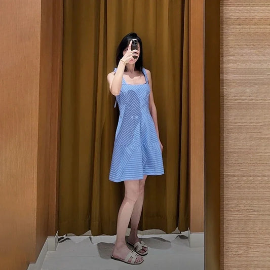 Women 2025 Summer Fashion Three-dimensional Cut Striped Straps Decorative Square Collar Sleeveless Short Dress-belleandkai.com