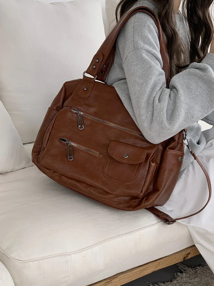 Classic Retro Business Trip Luggage Bag Travel Bag Large Capacity Portable Shoulder Tote Bag Multi-Zipper Motorcycle Crossbody Bag for Women-belleandkai.com