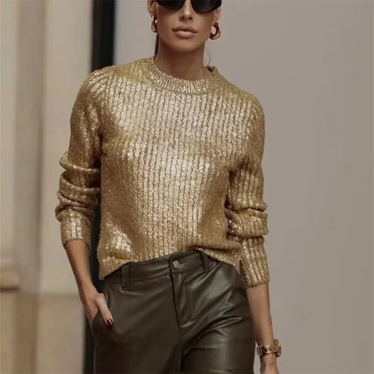 UNIZERA 2023 Autumn/Winter New Product Women's New Fashion Casual Versatile Casual Metal Fragmented Loose Round Neck Knit Top-belleandkai.com