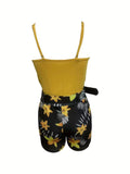European and American Cross-border New Women's Clothing V-neck Camisole and Plant Print Shorts Set with Belt-belleandkai.com