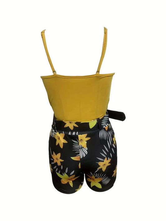 European and American Cross-border New Women's Clothing V-neck Camisole and Plant Print Shorts Set with Belt-belleandkai.com
