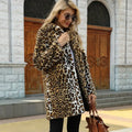 Women‘s Leopard Print Faux Fur Coat Open Front Fuzzy Suit Collar Women Fashion Warm Faux Fur Mid-Length Coat-belleandkai.com