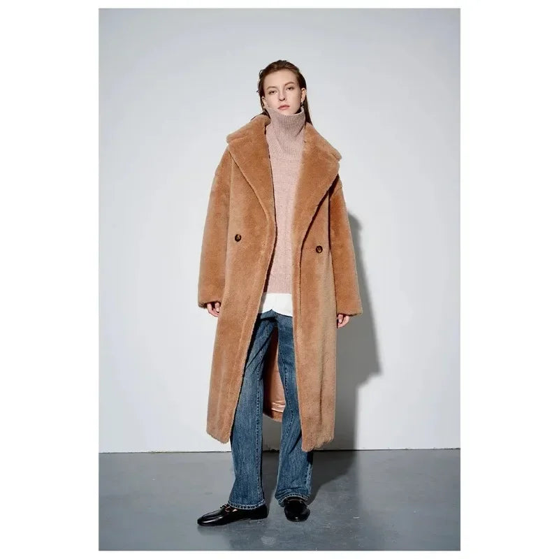 Top Quality New Teddy Coat Women, Luxury Genuine Fur 62% Alpaca 26% Wool 12% Silk, Winter Warm Long Teddy Coat Jacket for Women-belleandkai.com
