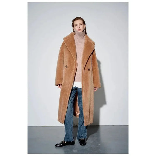 Top Quality New Teddy Coat Women, Luxury Genuine Fur 62% Alpaca 26% Wool 12% Silk, Winter Warm Long Teddy Coat Jacket for Women-belleandkai.com