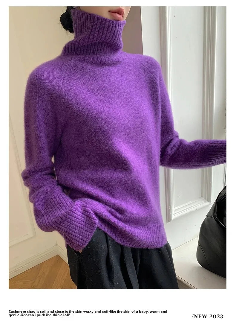 Women's Turtleneck Cashmere Sweater Loose Thickened Pullover Korean Style Lazy Wind Heavy for Autumn Winter-belleandkai.com