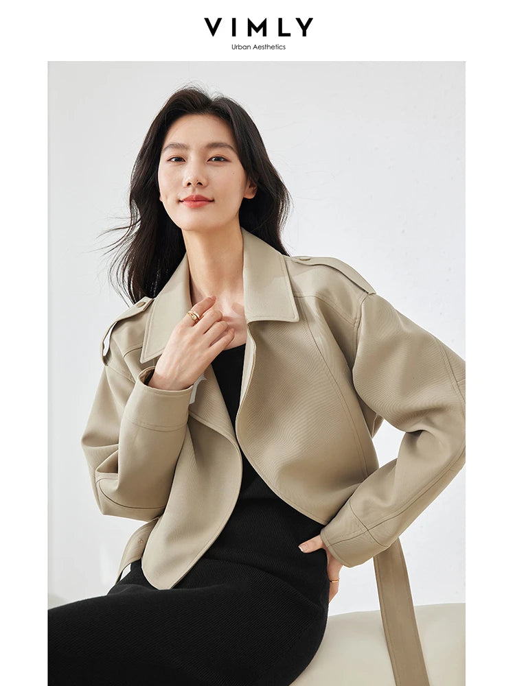 Vimly Light Khaki Crop Trench Coat Lapel Tie Belt Women's Windbreaker 2025 Spring Fashion Casual Loose Long Sleeve Jacket 16218-belleandkai.com