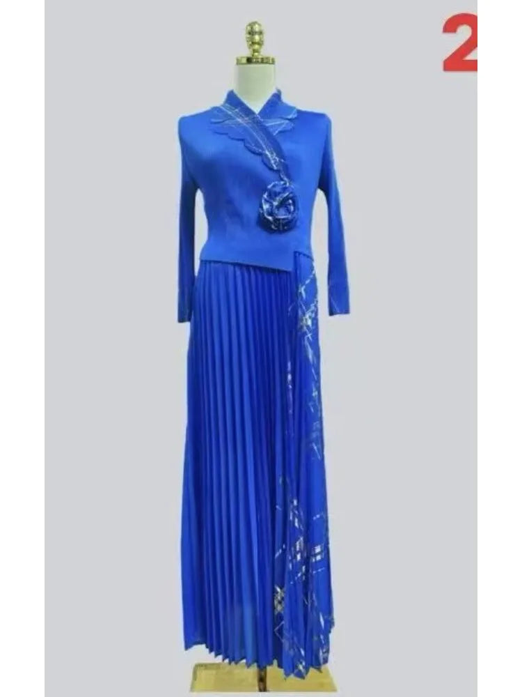 2025 Miyake Pleats Wholesale New Dresses Printed Suit Collar Fake Two Temperament Loose Women's Dress-belleandkai.com